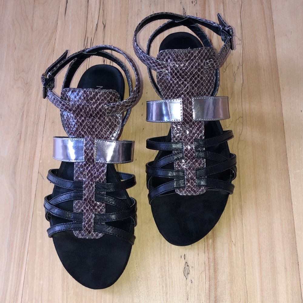 NINE WEST Black and Snake-Print Leather Strappy Sandals - 8.5M